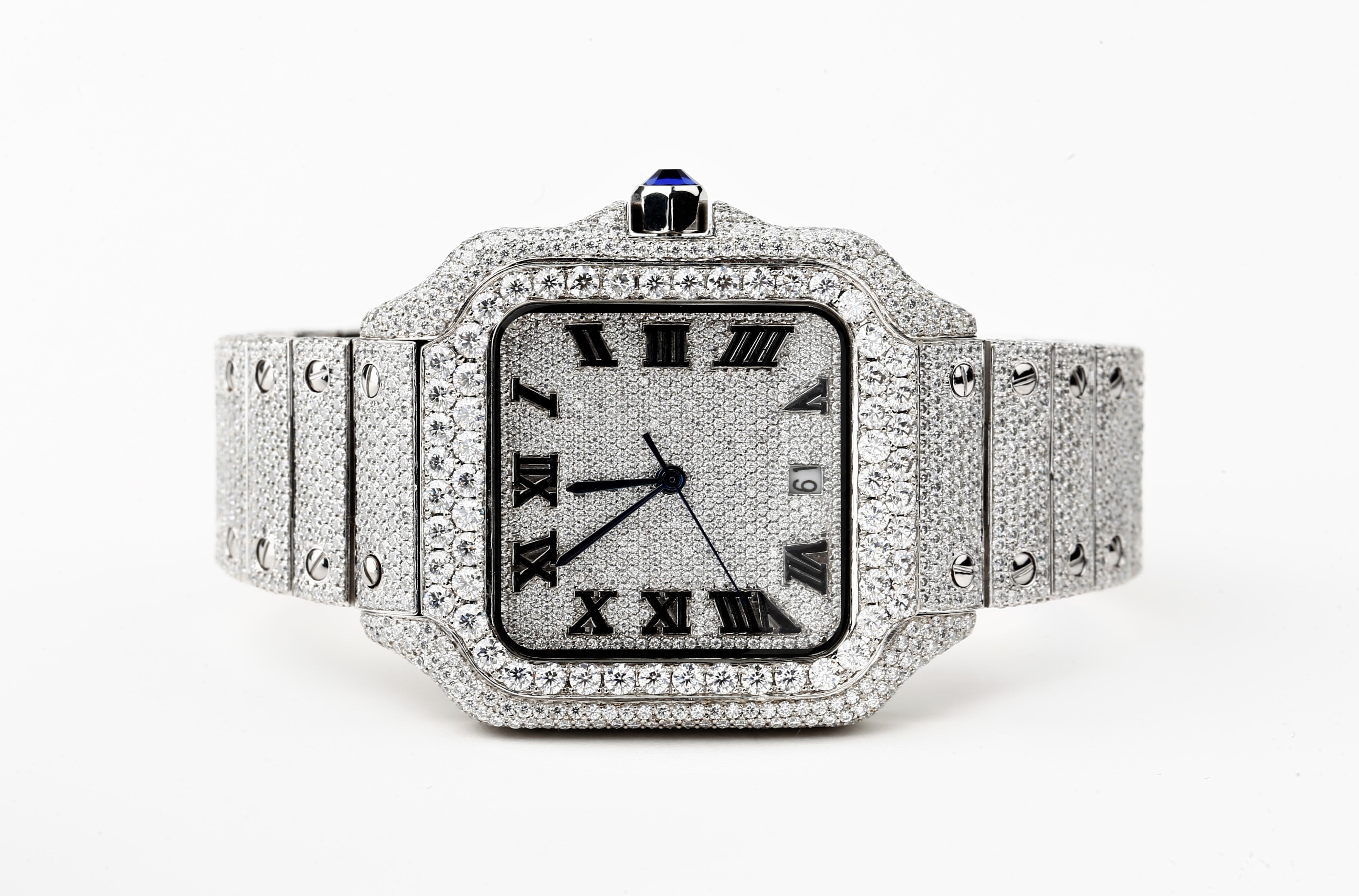 Luxury Cartier Watch in Real VVS Moissanite Diamond Watch, Handmade Stainless Steel Watch For Men/Women